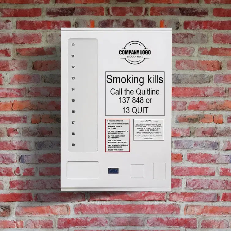 Branded compact wall-mount vending machine with product selection labels, information panel and collection bin