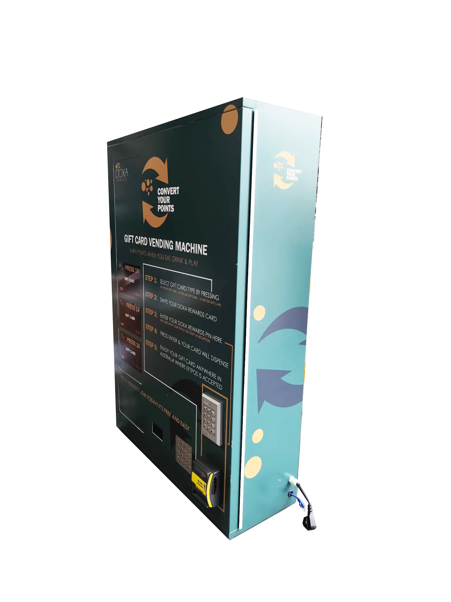 Compact wall-mount vending machine with branded touchscreen interface, QR code, and collection bin